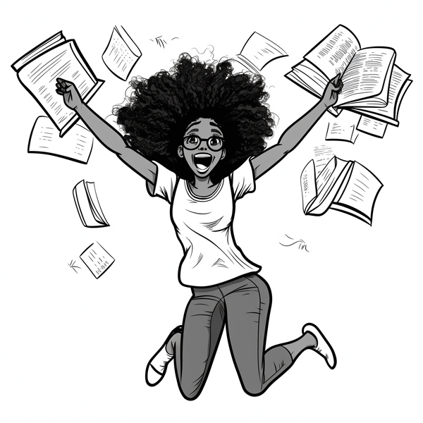 An enthusiastic young woman with curly hair leaps into the air joyfully amidst a flurry of papers and open books. Her expression is one of elation, with a wide smile and glasses perched on her nose. She is dressed in casual clothing, with a simple t-shirt and pants, capturing a moment of triumph or celebration, likely related to academic success. The artwork is monochromatic, using simple, clean lines against a white background.