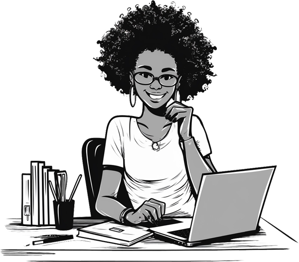 A cheerful young woman with curly hair is seated at a desk, working on a laptop. She appears confident and happy, with a pen in hand and study materials, including books and pens in a holder, organized on the desk beside her. The monochromatic illustration is detailed with clean lines, conveying a positive, productive study environment.