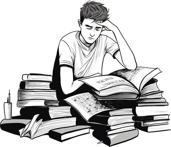 A black and white illustration of a young male student leaning on his hand, looking exhausted or frustrated while studying from an open book amidst a pile of thick textbooks, with a pen holder on the side and a crumpled piece of paper in front.